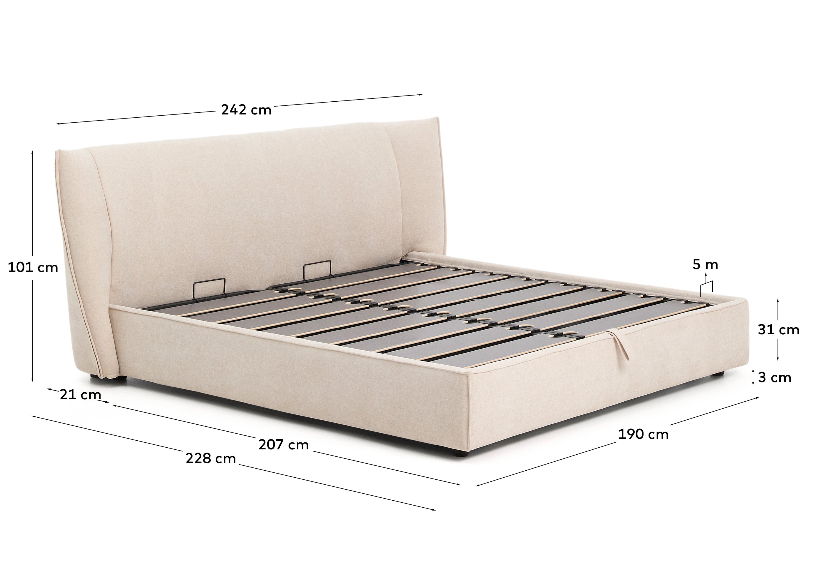 Arvian beige chenille removable-cover bed with ottoman base for a 180 x 200 cm mattress