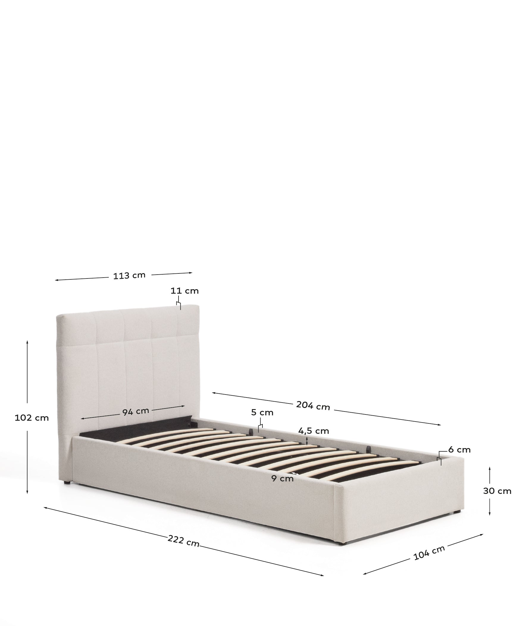 Darnela ecru chenille bed with folding storage base for 90 x 200cm mattress