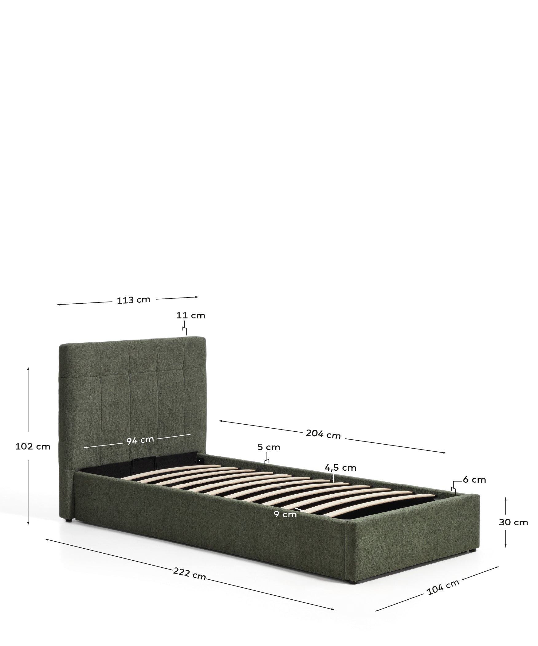 Darnela moss green chenille bed with folding storage base for 90 x 200cm mattress