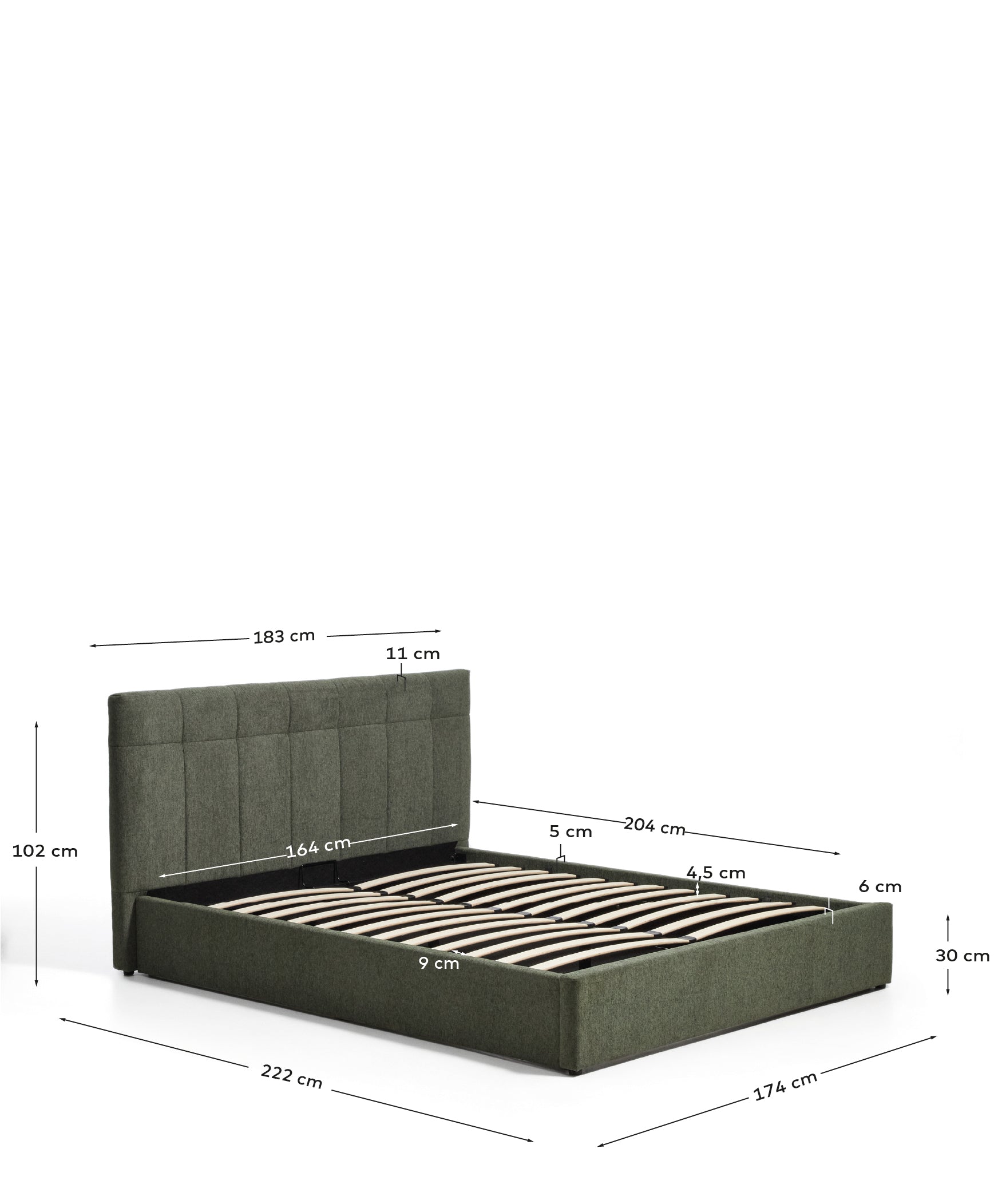 Darnela moss green chenille bed with folding storage base for 160 x 200cm mattress