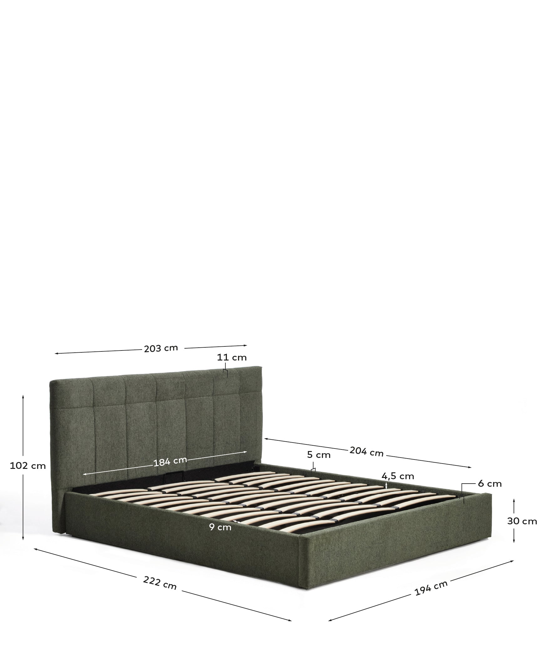 Darnela moss green chenille bed with folding storage base for 180 x 200cm mattress