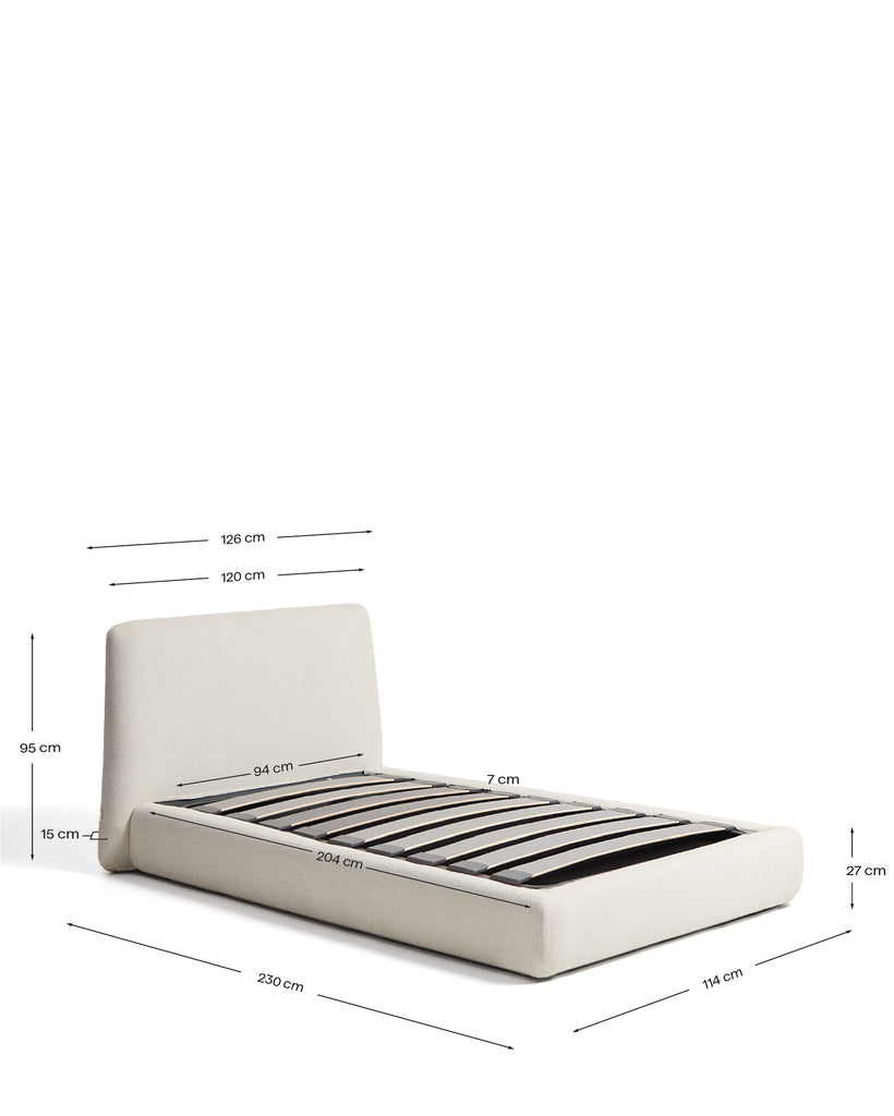 Martina bed with removable covers and folding storage base in ecru chenille for mattress 90 x 200cm FSC Mix Credit