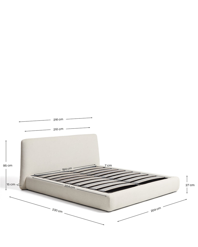Martina bed with removable covers and folding storage base in ecru chenille for mattress 180 x 200cm FSC Mix Credit
