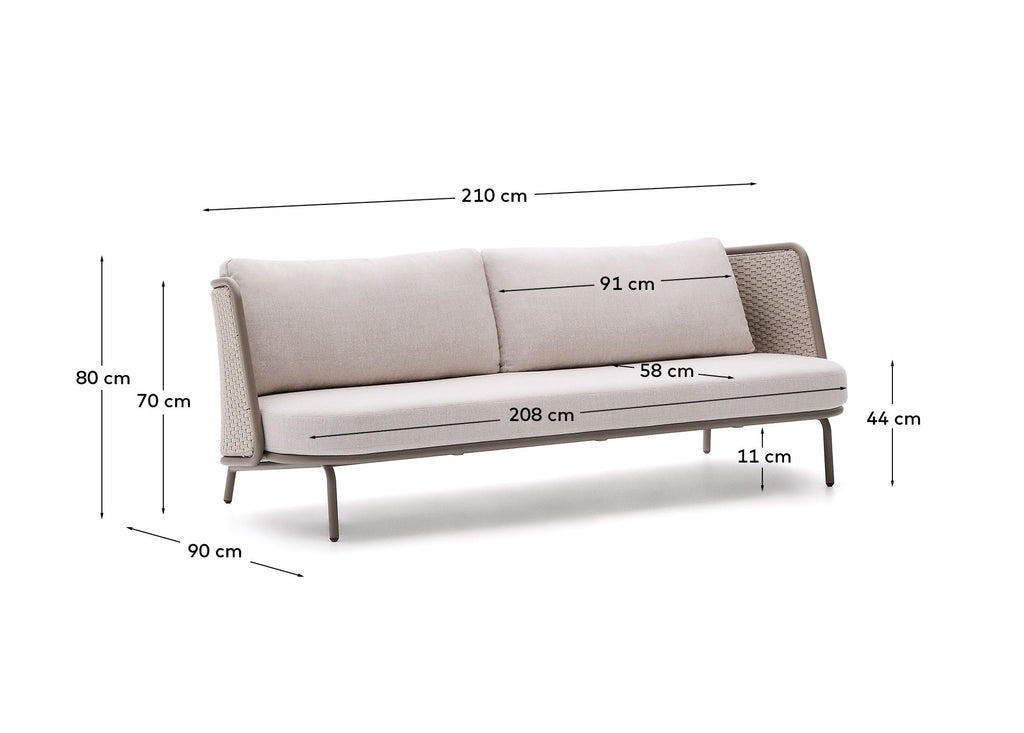 Sedalis outdoor sofa with 3 seats made of aluminum and dark red rope 210cm