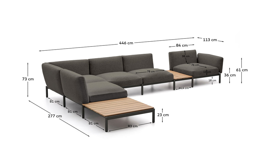 Sorells spoljna modularna ugaona sofa sa 5 sedišta sa sivim presvlakama i sivim aluminijumom sa stolovima od tikovine 277 x 446 cm FSC 100%