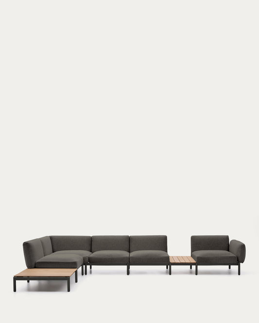 Sorells spoljna modularna ugaona sofa sa 5 sedišta sa sivim presvlakama i sivim aluminijumom sa stolovima od tikovine 277 x 446 cm FSC 100%