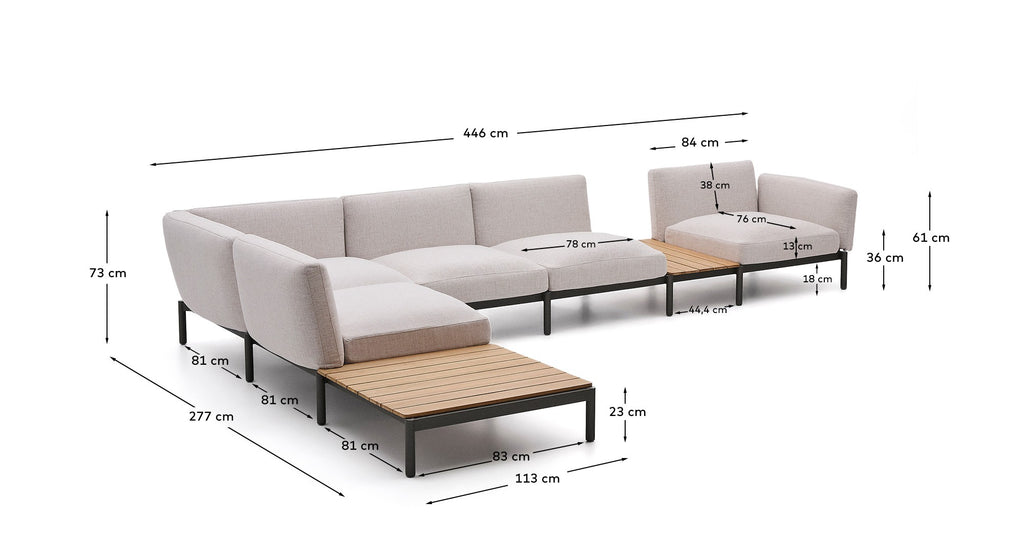 Sorells spoljna modularna ugaona sofa sa 5 sedišta sa bež presvlakom i sivim aluminijumom sa stolovima od tikovine 277 x 446 cm FSC 100%