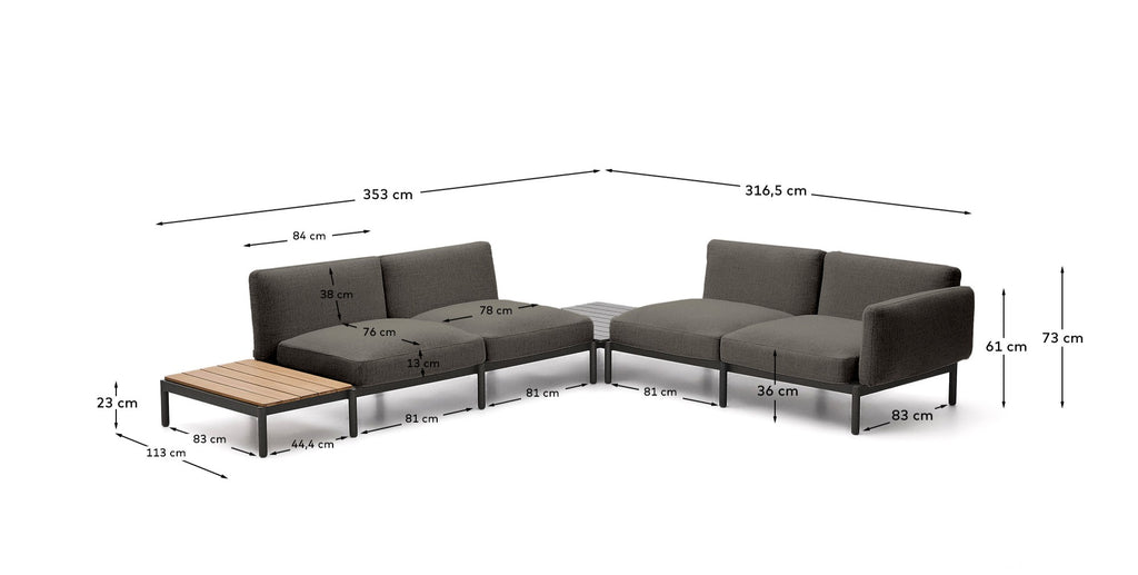 Sorells spoljna modularna ugaona sofa sa 4 sedišta sa sivim presvlakama i sivim aluminijumom sa stolom od tikovine 353 x 316,5 cm FSC 100%