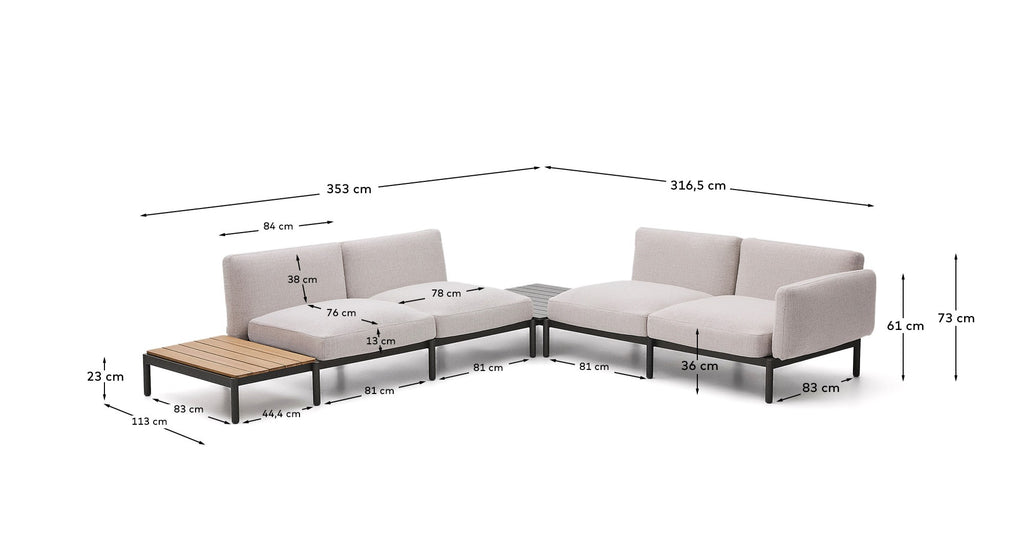Sorells spoljna modularna ugaona sofa sa 4 sedišta sa bež presvlakom i sivim aluminijumom sa stolom od tikovine 353 x 316,5 cm FSC 100%