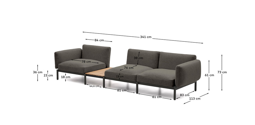 Sorells spoljna modularna sofa sa 3 sedišta sa sivim presvlakama i sivim aluminijumom sa stolom od tikovine 341 x 113 cm FSC 100%