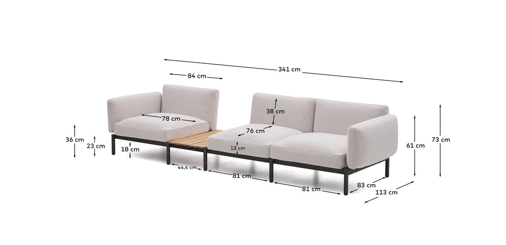Sorells spoljna modularna sofa sa 3 sedišta sa bež presvlakom i sivim aluminijumom sa stolom od tikovine 341 x 113 cm FSC 100%