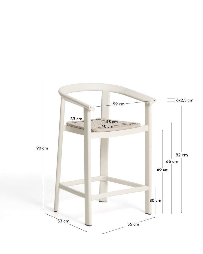 Erice bar stool made of aluminum and braided ropes in beige color, 65 cm