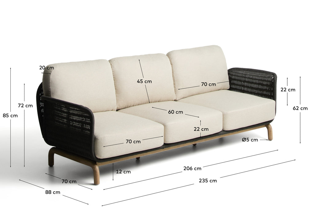 SS26COL1 Three-seater sofa made of solid acacia wood and dark gray rope 235 cm FSC 100%