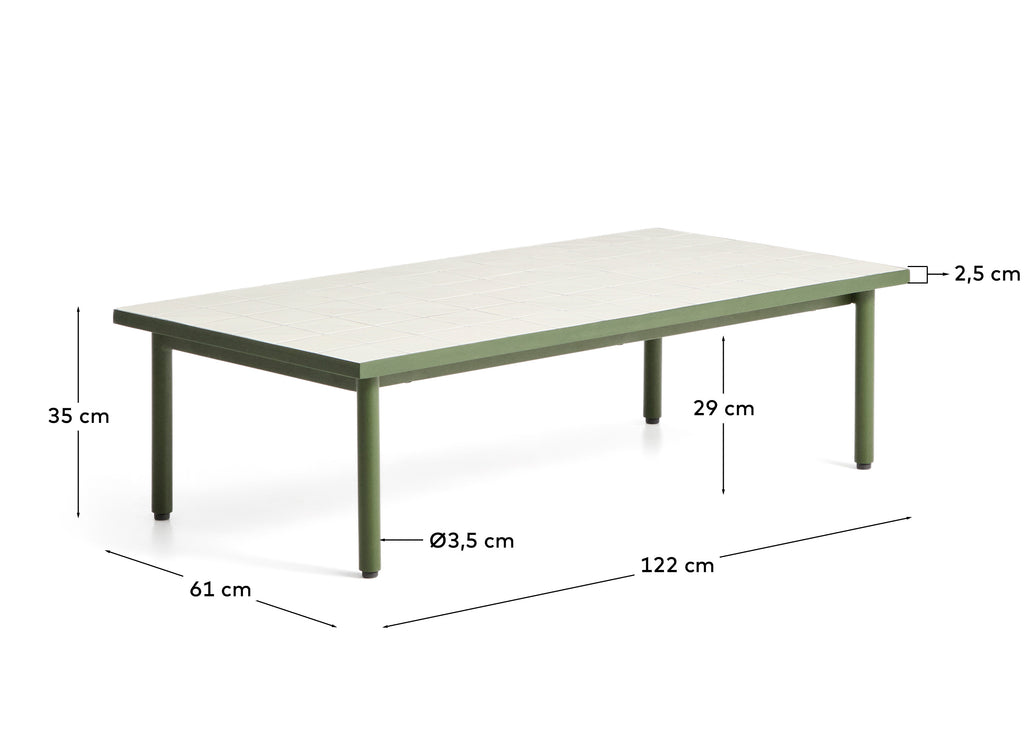 Maura's coffee table made of green galvanized steel structure and off-white tiles 122 x 61 cm
