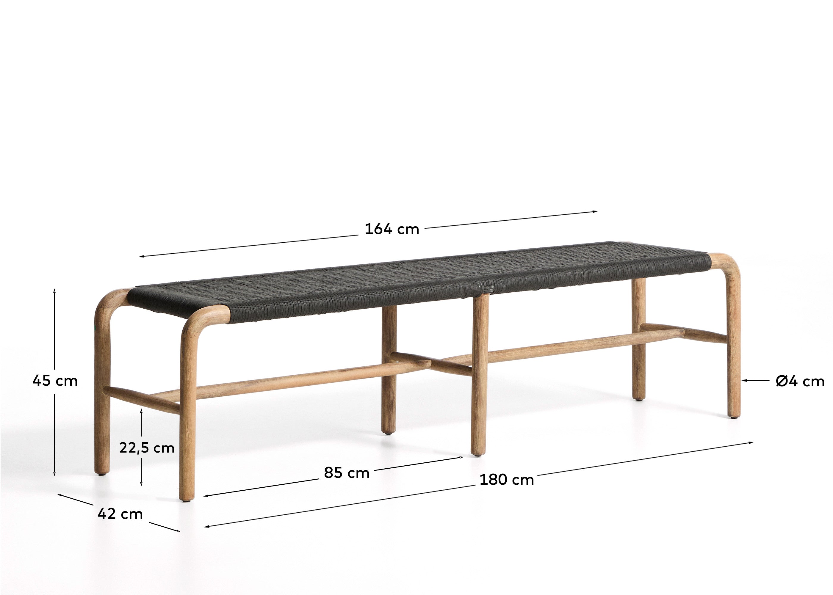 Alipa bench in FSC 100% solid acacia wood and dark grey rope cord 180 cm