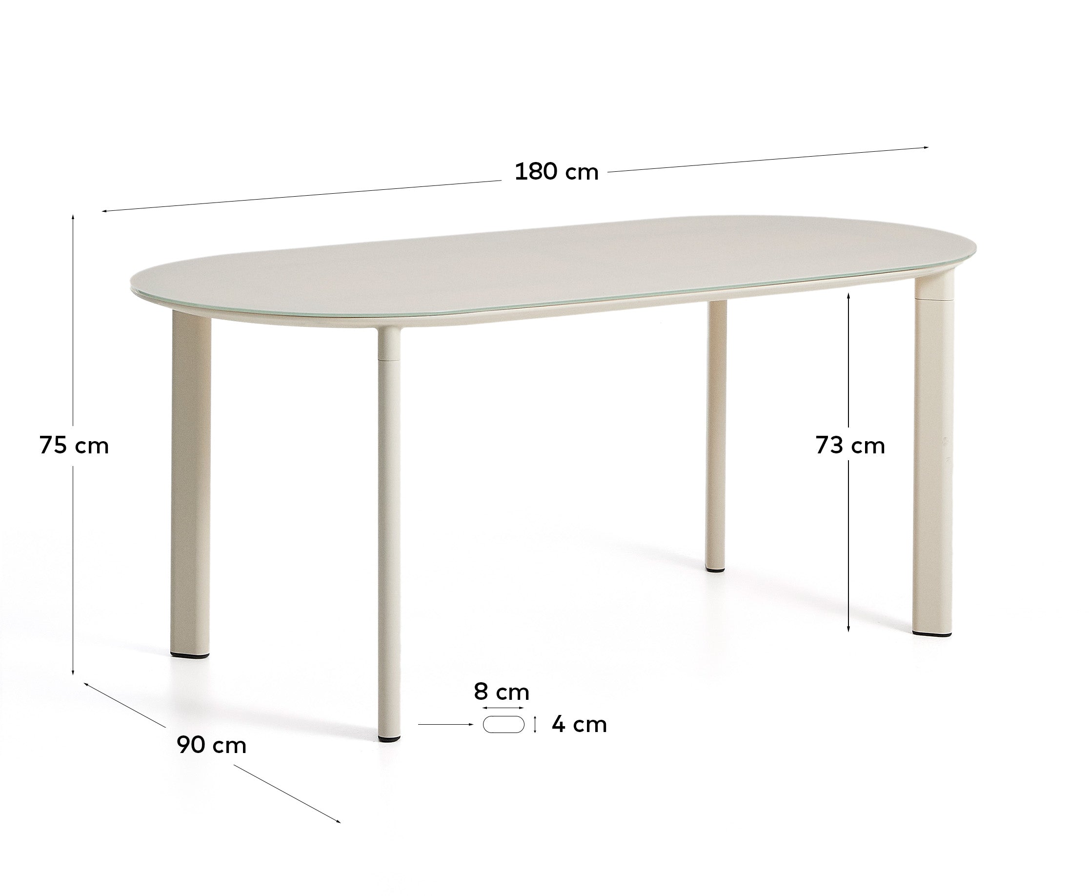 Erice ovalni sto od aluminijuma i ekri kaljenog stakla, 180 x 90 cm