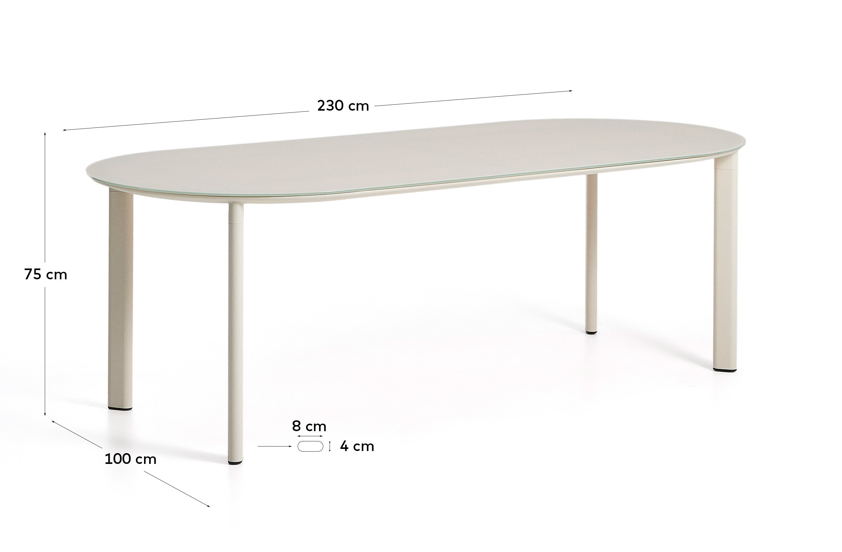 Erice ovalni sto od aluminijuma i ekri kaljenog stakla, 230 x 100 cm