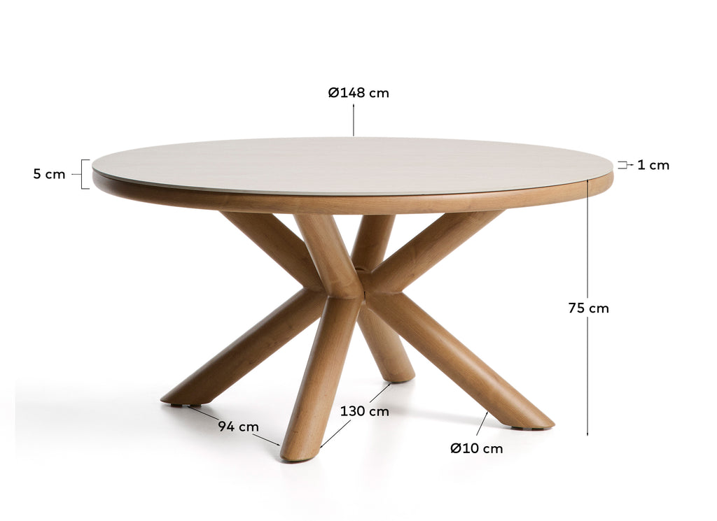 Mirtia outdoor table made of aluminum with the effect of wood and sintered stone in natural (crudo) color Ø 148 cm