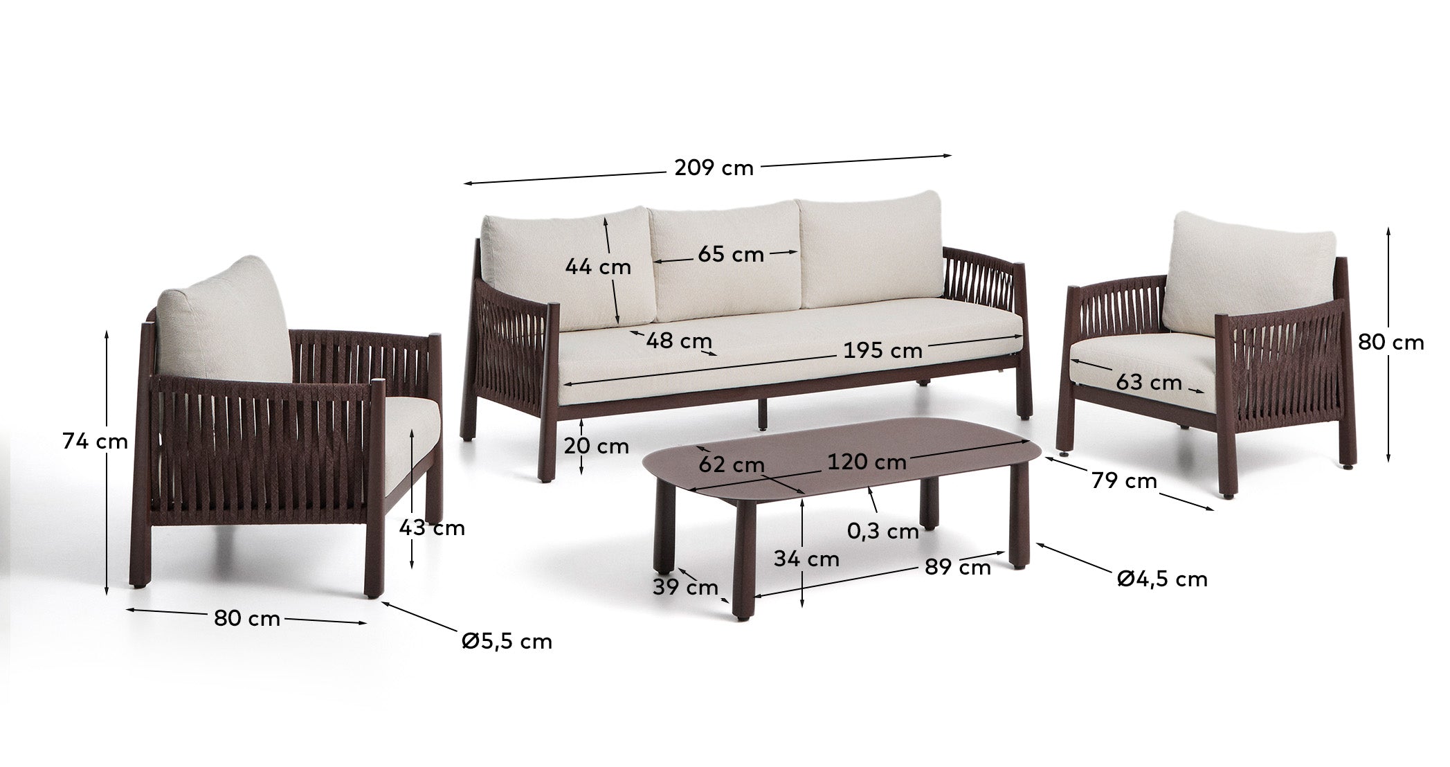 Aleria set with 3-seater sofa, 2 armchairs and coffee table in brown aluminium and synthetic rope cord