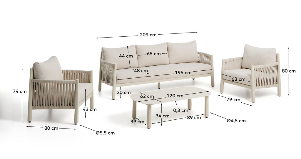 Set Aleria sa trosedom, 2 fotelje i stočićem od aluminijuma i sintetičkog užeta u ecru boji