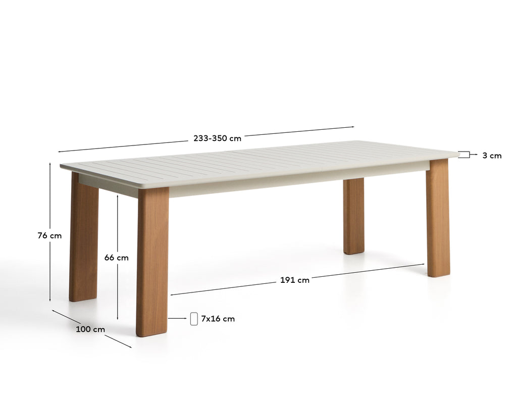 Folding Livorno table made of aluminum, ecru with wood effect legs 233(350) x 100 cm