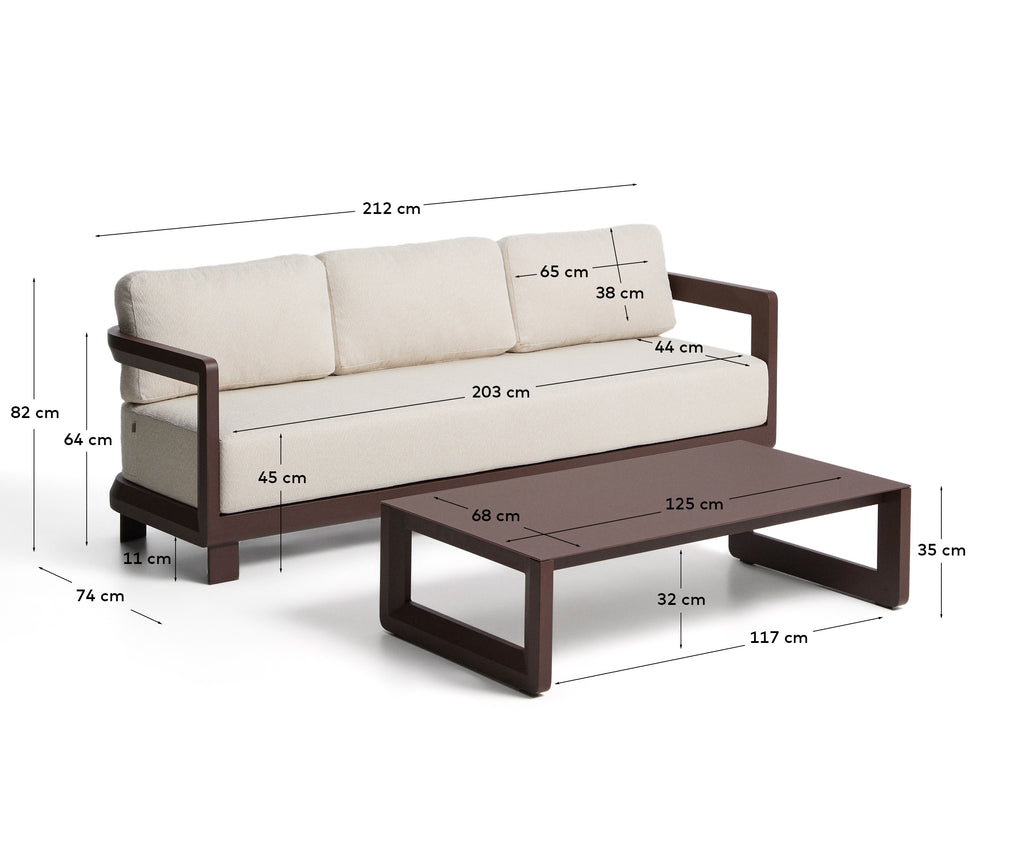 Set Nerano: sofa and coffee table made of aluminum, brown