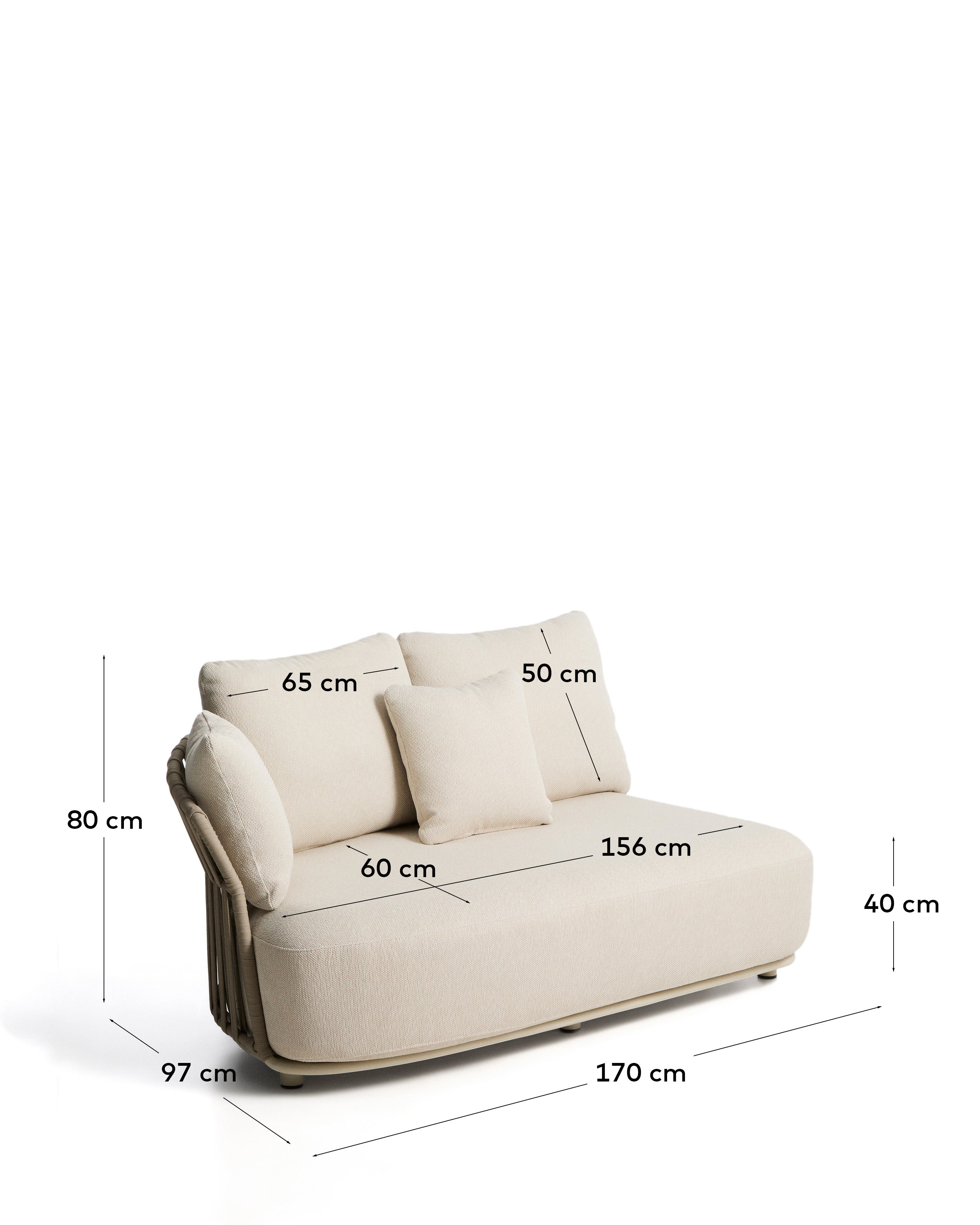 Osani 2-seater sofa in ecru aluminium and taupe rope 170 cm