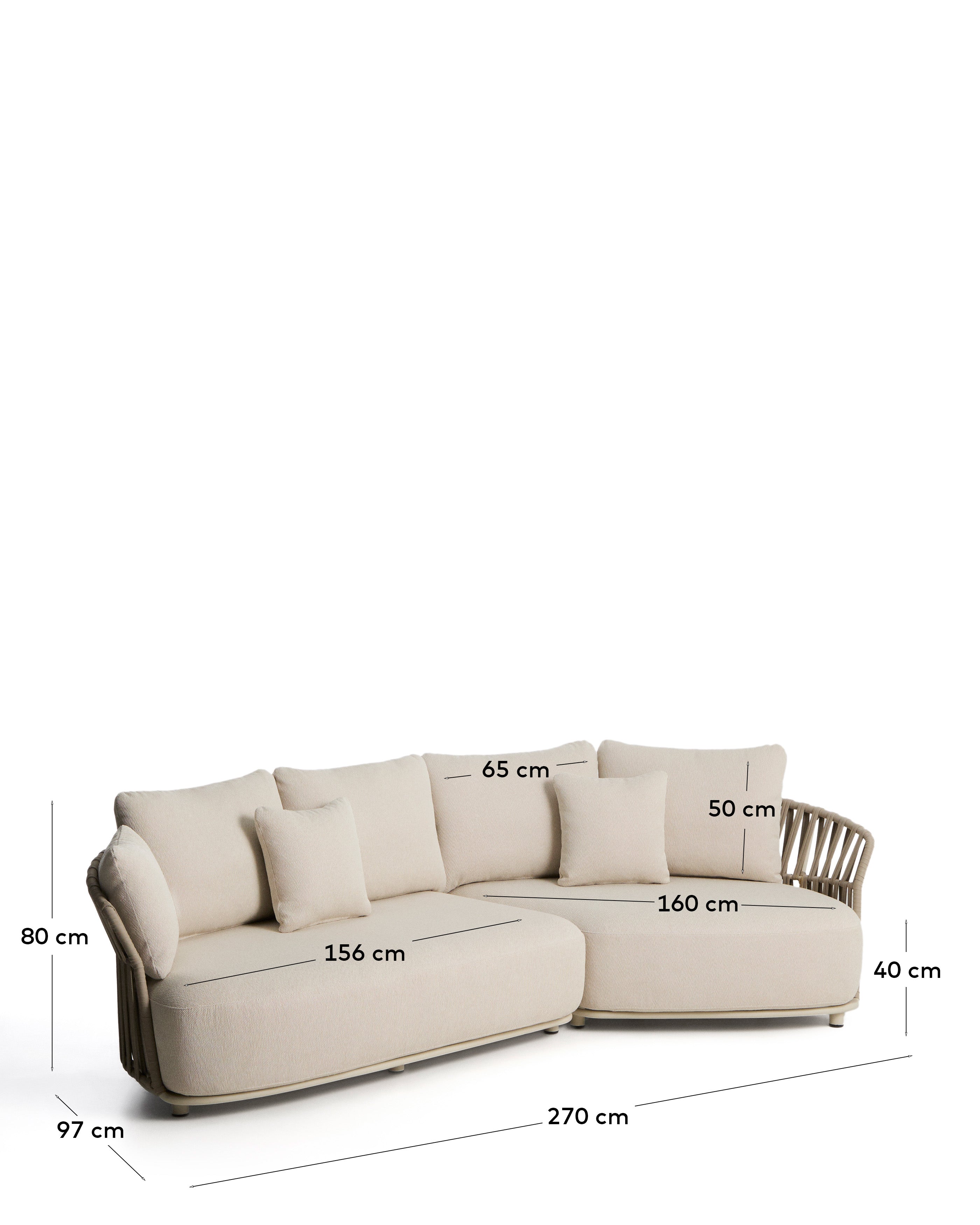 Osani 3-seater sofa in ecru aluminium and taupe rope 290cm
