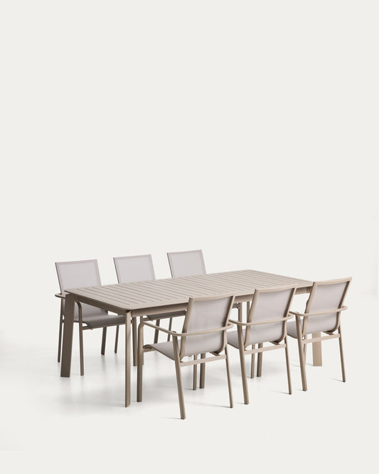 Set od Brela rasklopivog stola od taupe aluminijuma i 6 Canea stolica za slaganje od taupe aluminijuma i bež texteline materijala, 205(287)x100 cm