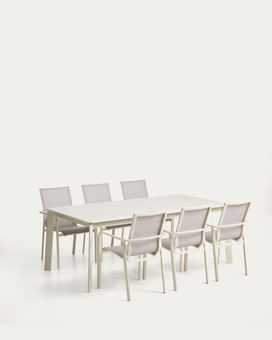Set od Brela rasklopivog stola od ekri aluminijuma i 6 Canea stolica za slaganje od ekri aluminijuma i bež texteline materijala, 205(287)x100 cm