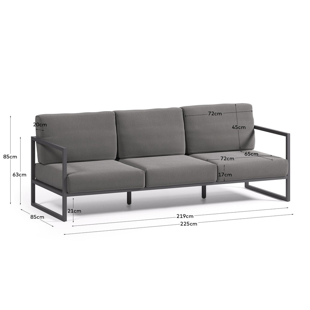 Comova 100% spoljna troseda sofa u tamno sivoj i crnoj aluminijumskoj boji, 222 cm