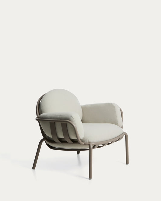 Joncols outdoor armchair in aluminium with taupe painted finish and beige cushions