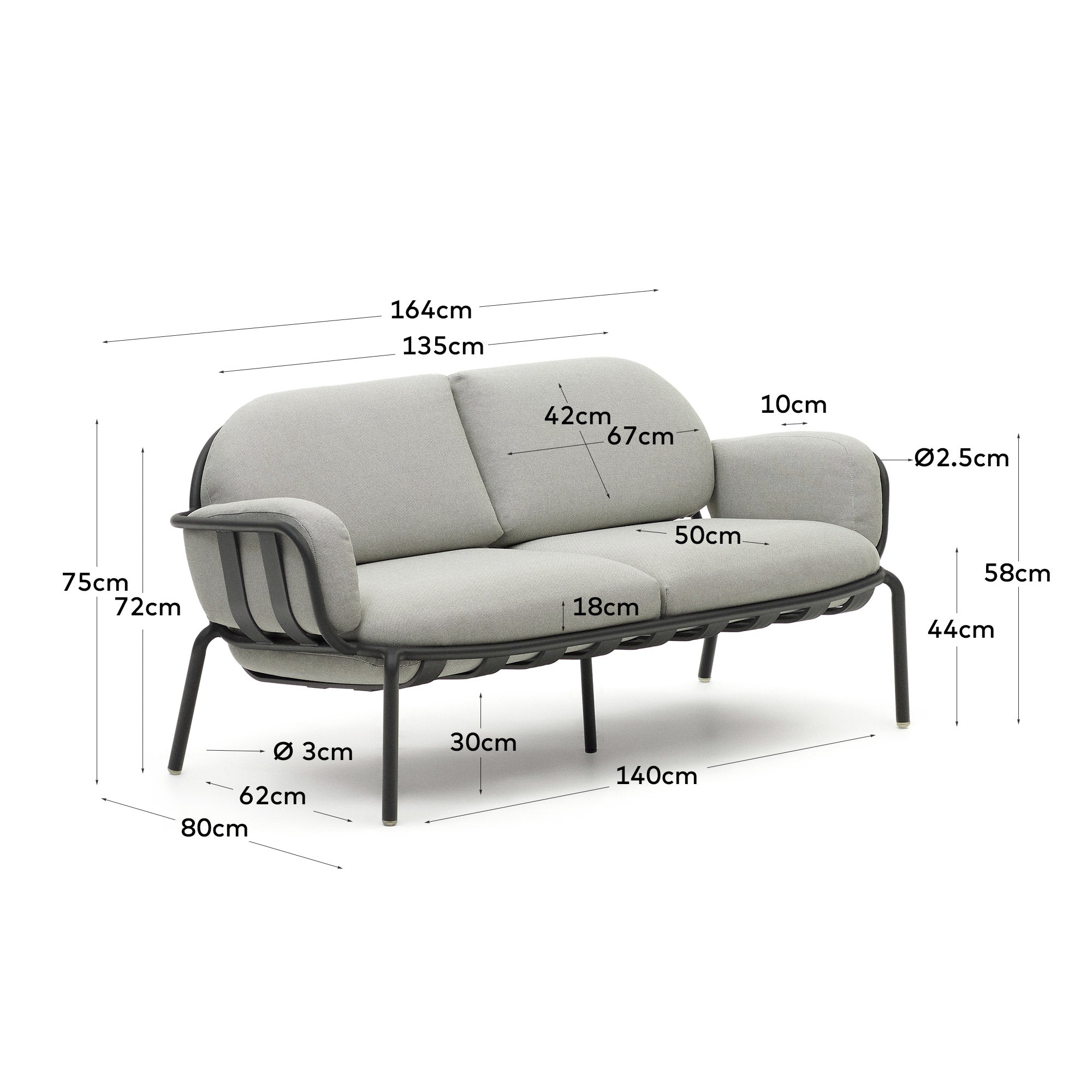 Joncols baštenska sofa za 2 osobe od aluminijuma sa sivom obojenom završnom obradom i sivim jastucima, 164cm