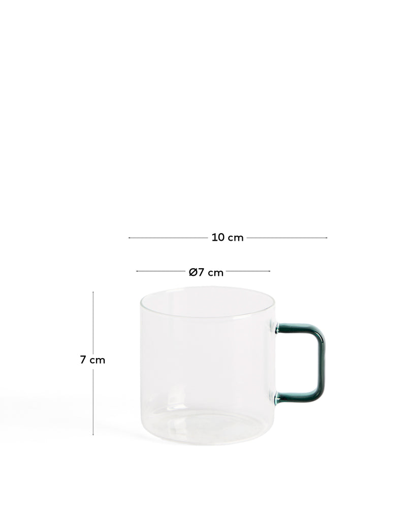 Micla mug made of glass with a green handle