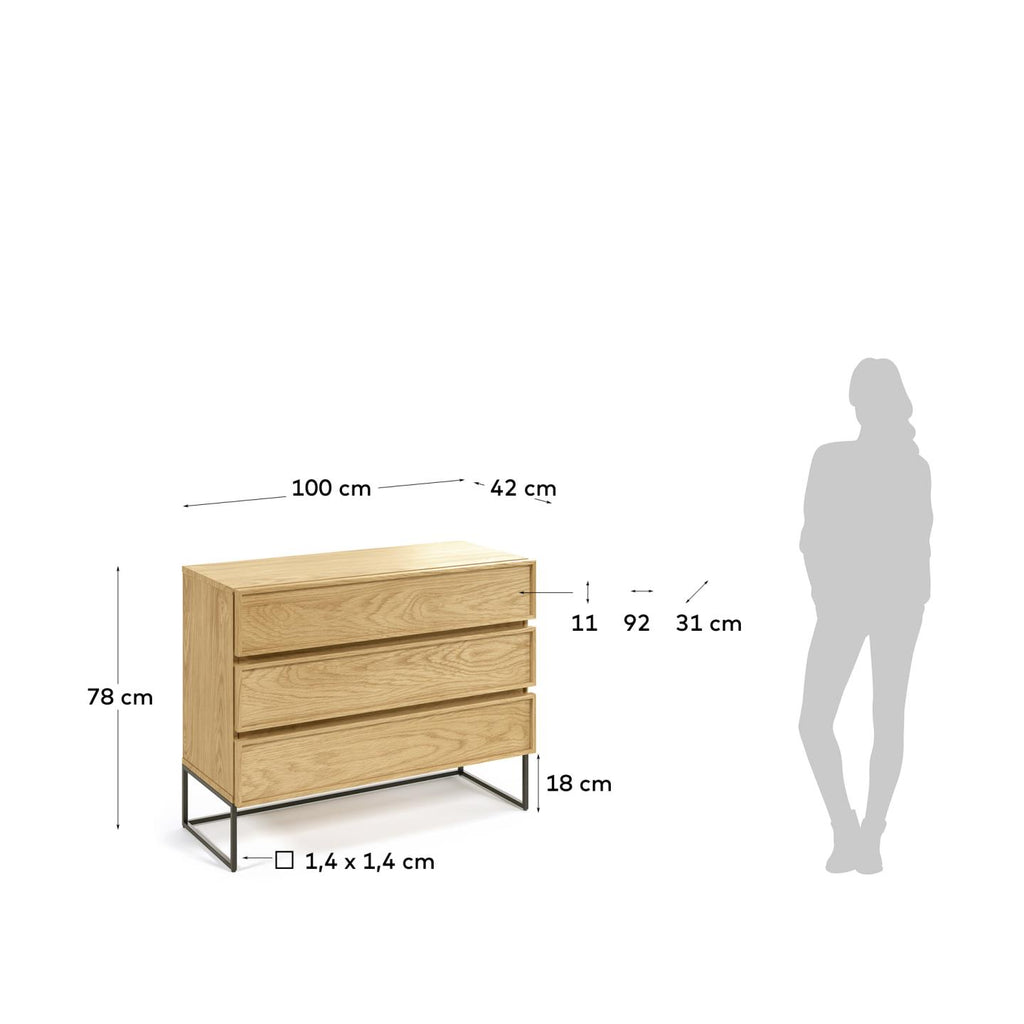 tayana chest of drawers with oak veneer and steel frame with black finish 100 x 78 cm