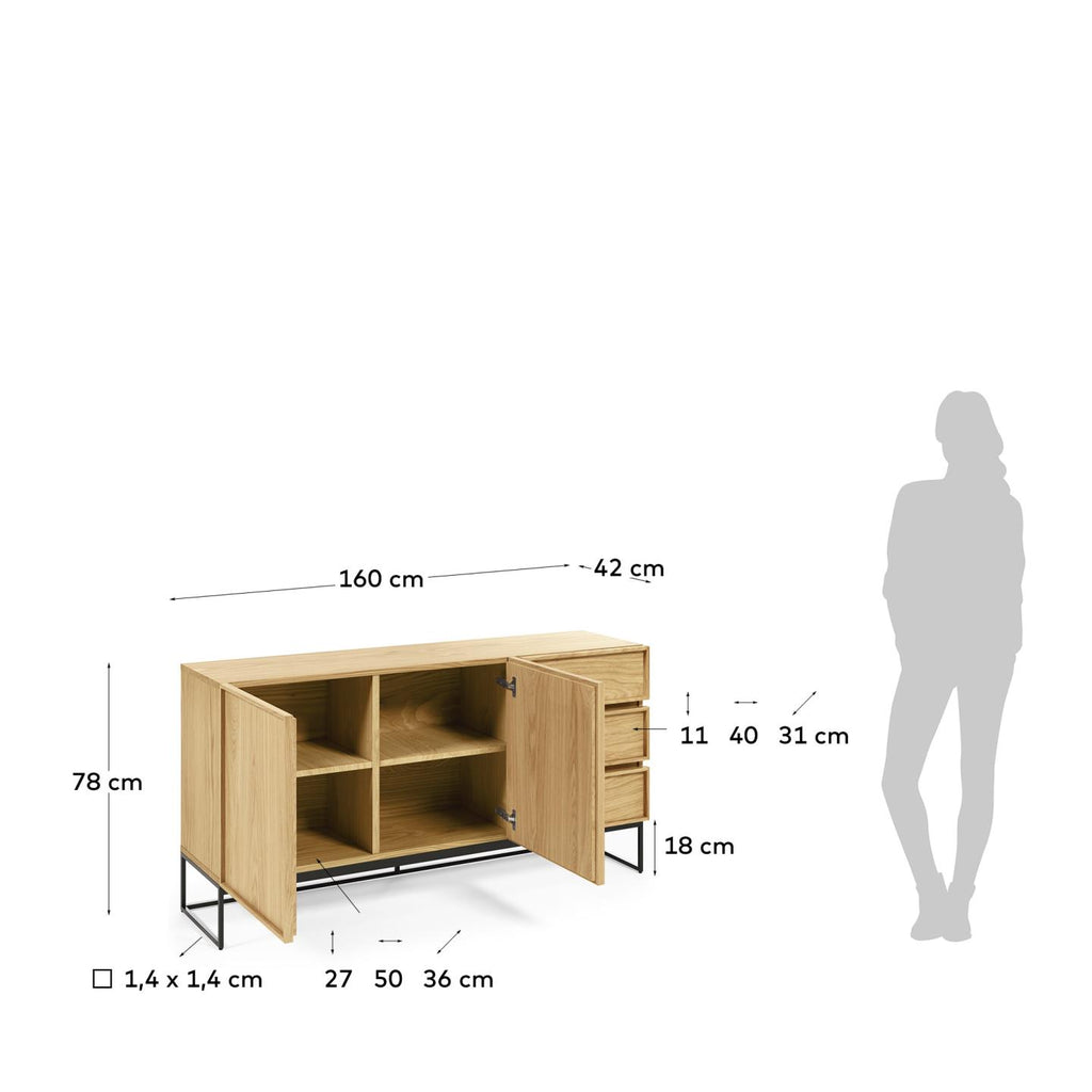 tayana komoda sa 2 vrata i 3 fioke u hrastovom furniru sa crnom čeličnom konstrukcijom, 160 x 78 cm