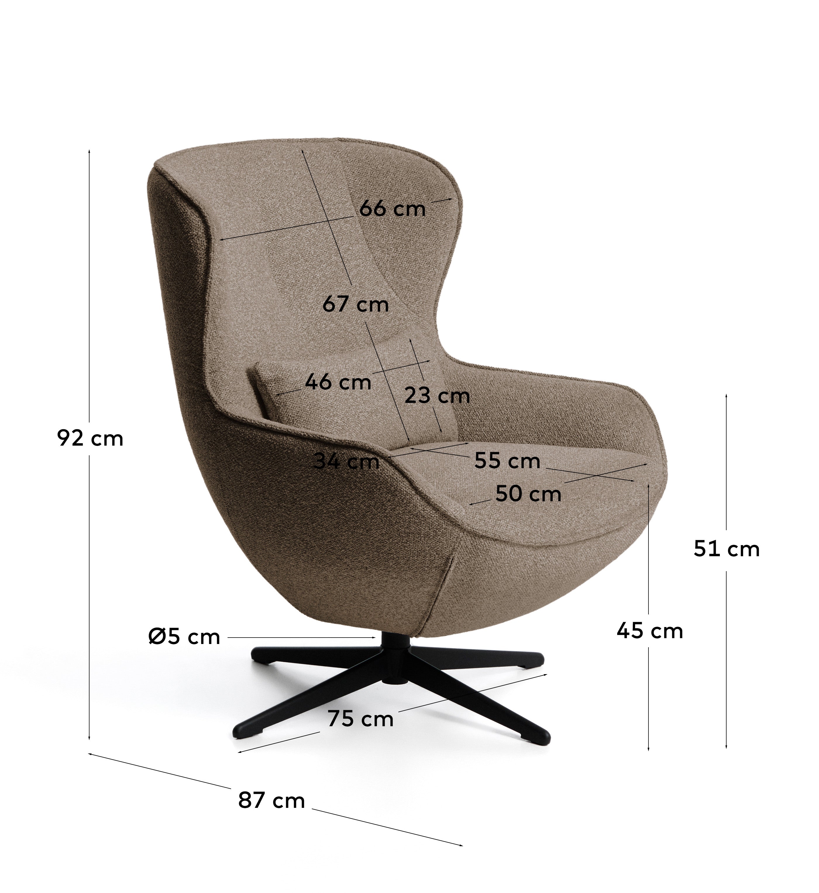 Sorile swivel armchair in brown chenille and steel with black finish FSC 100%