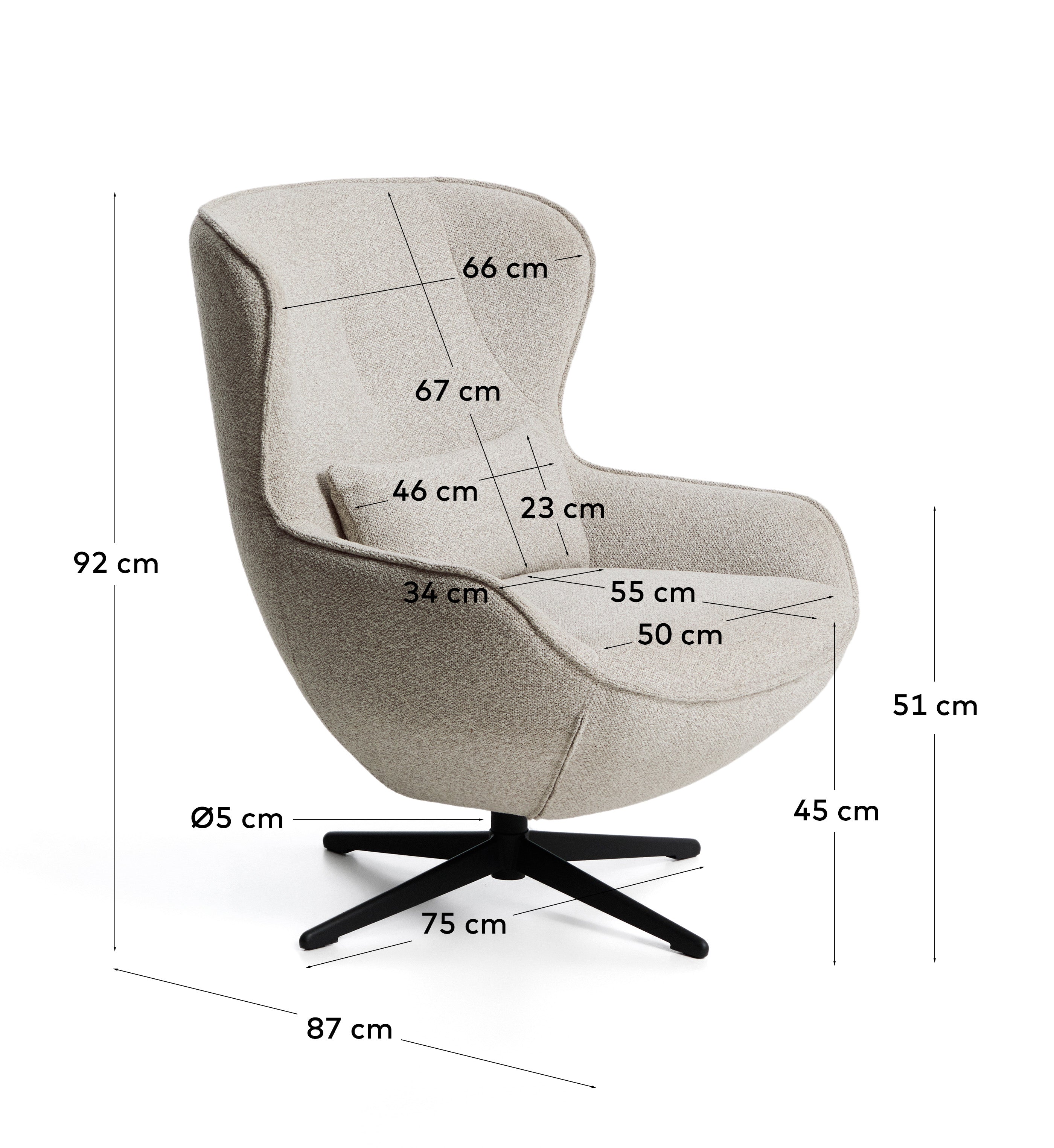 Sorile swivel armchair in beige chenille and steel with black finish FSC 100%