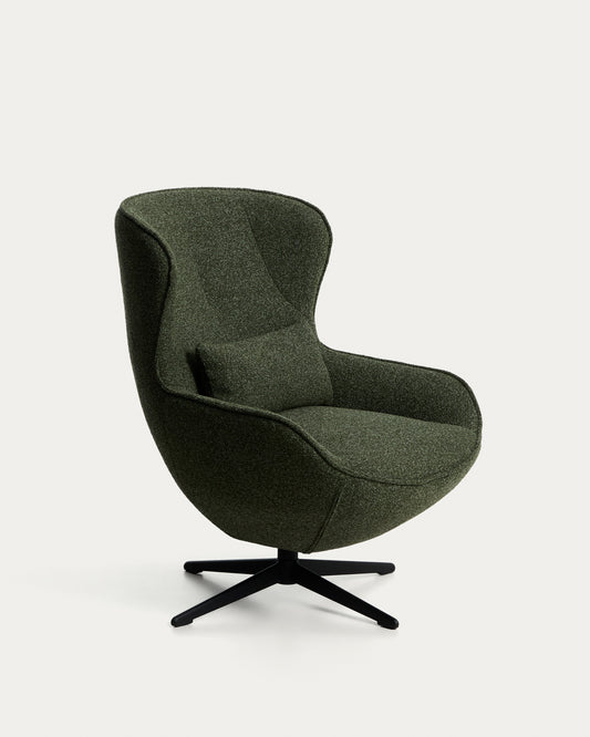 Sorile swivel armchair in dark green chenille and steel with black finish FSC 100%