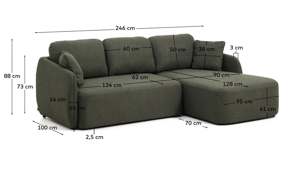 Laira 3-seater sofa bed with right chaise longue in dark green chenille 246cm FSC Mix Credit