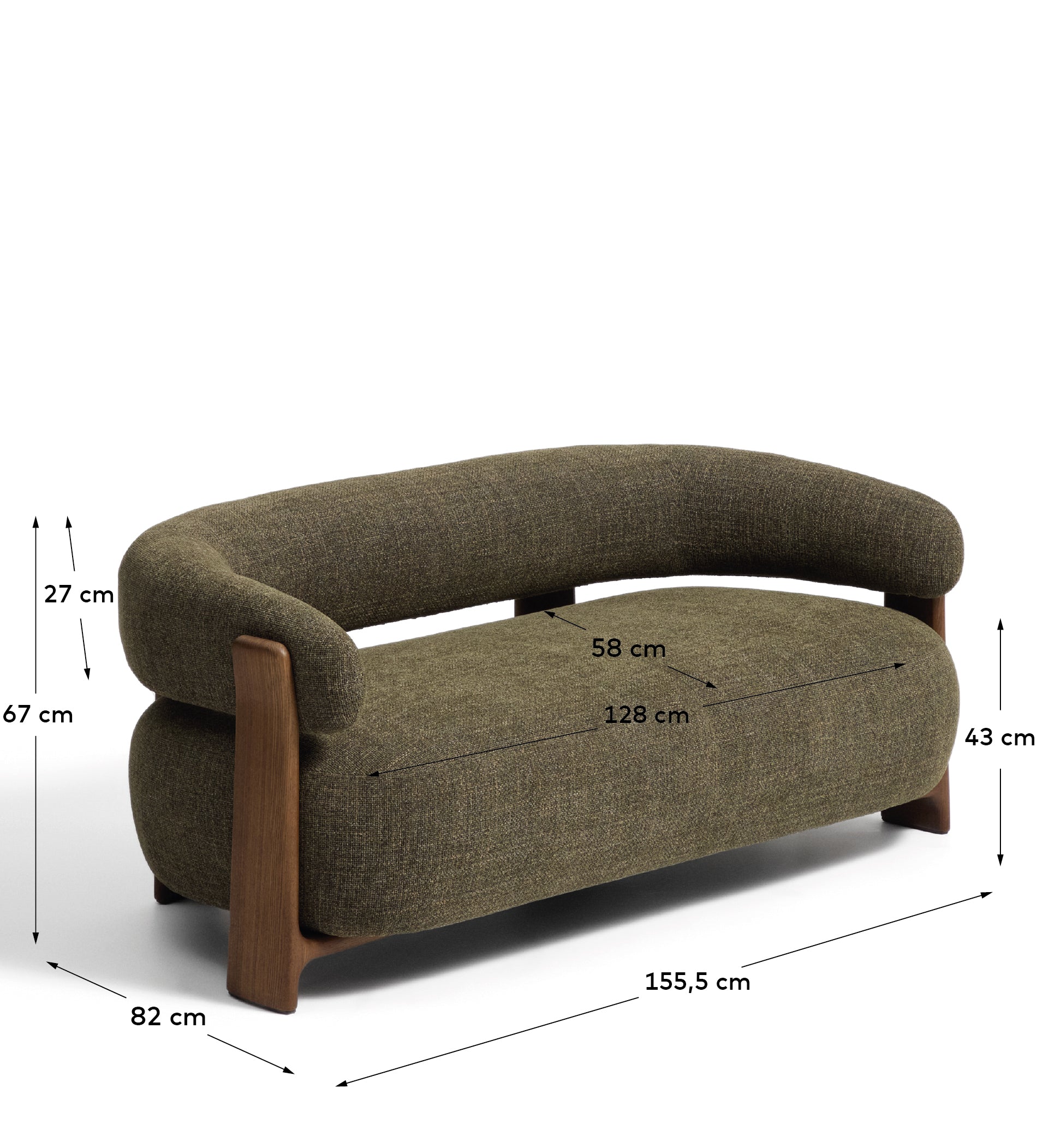Sofa Granite za 2 osobe od zelenog šenila i nogu od punog jasenovog drveta sa završnom obradom u tonu oraha 155 cm FSC 100%