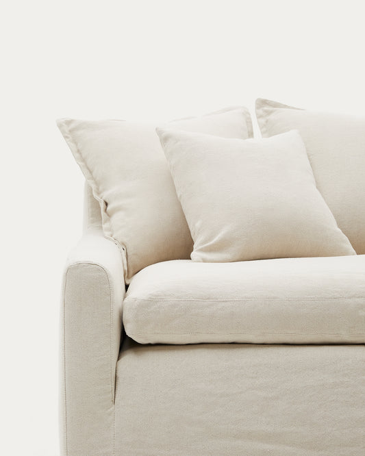 Zenira sofa cover with beige cotton and linen cushions, 230 cm