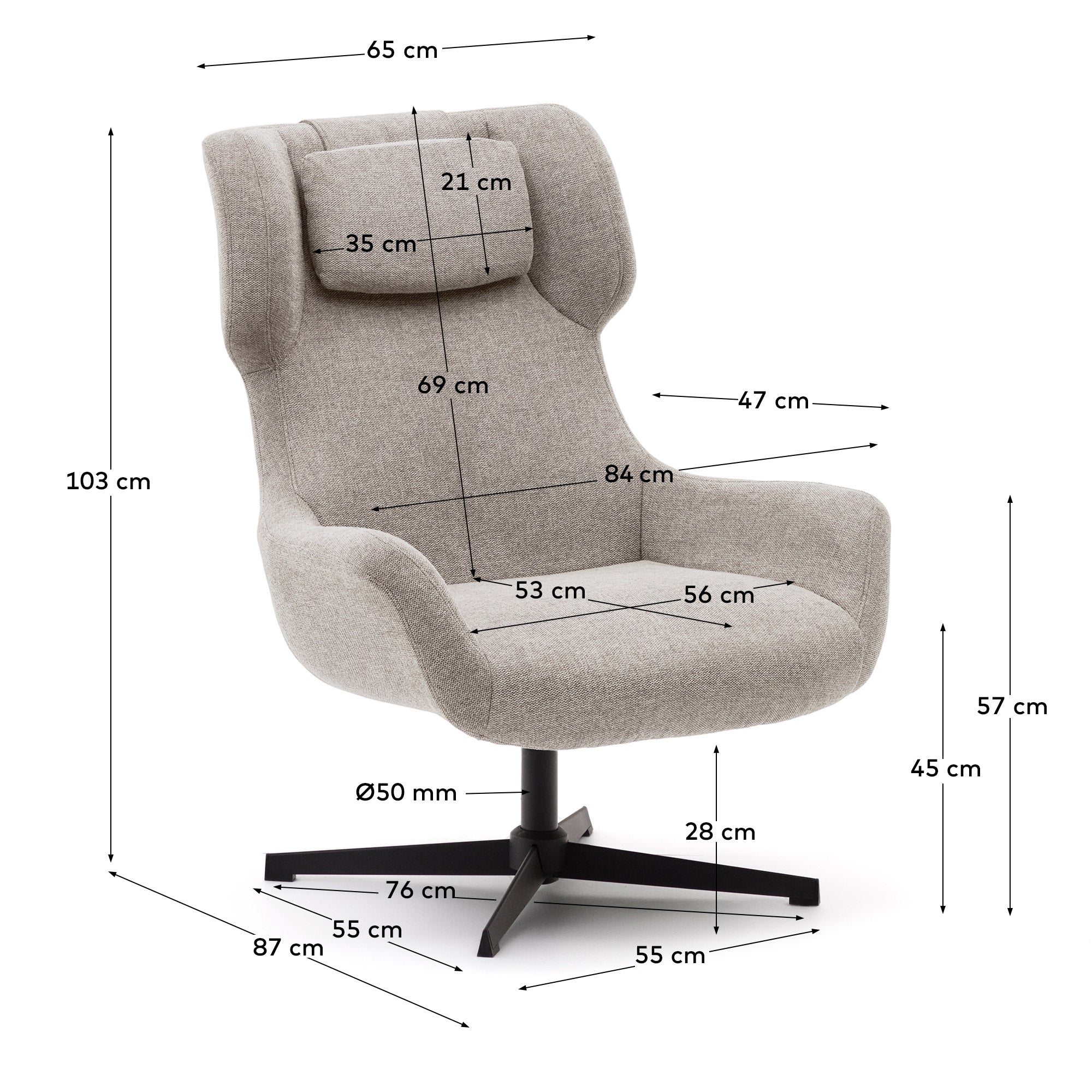 Zalina swivel armchair in beige chenille and steel with black finish FSC 100%
