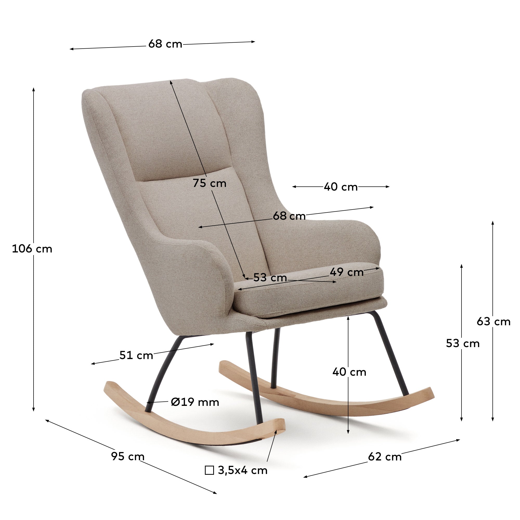 Maustin rocking chair in beige chenille with a black steel structure and beech wood 