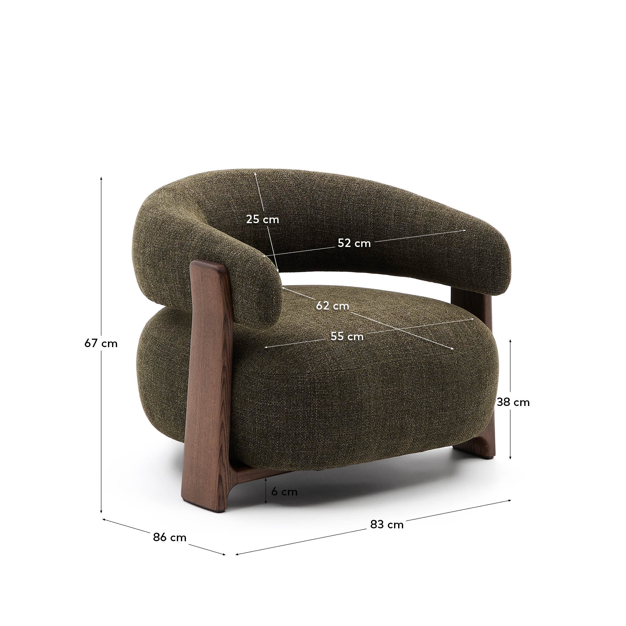 Granite fire-retardant armchair in green chenille and solid ash wood with walnut-coloured finish FSC 100%