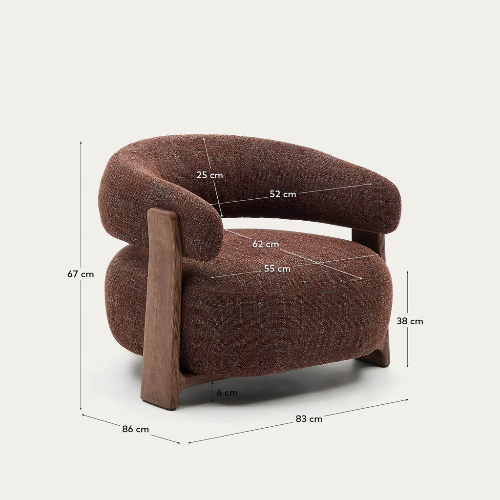 Granite fire-retardant armchair in brown chenille and solid ash wood with walnut-coloured finish FSC 100%