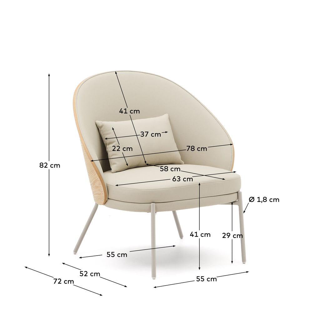Eamy armchair in beige artificial leather, ash veneer with natural finish and beige metal