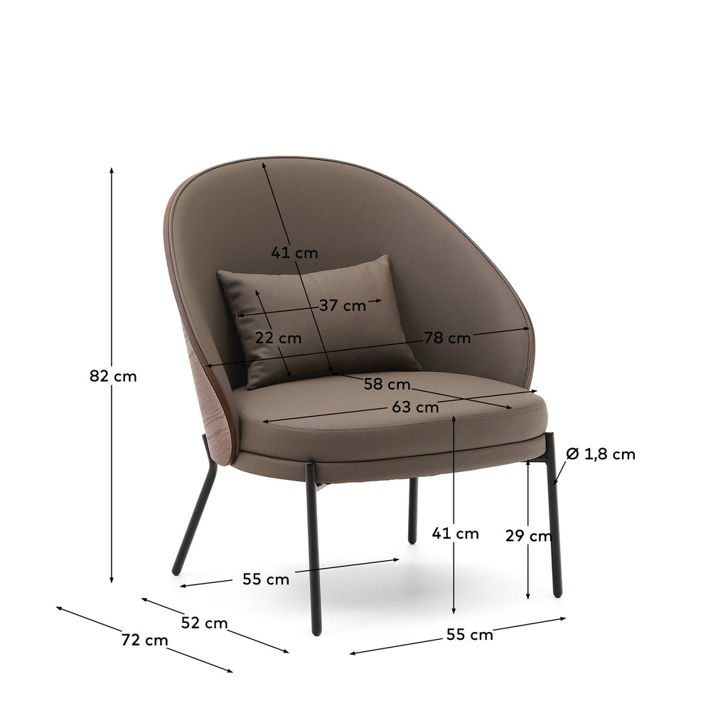 Eamy armchair in brown faux leather, ash veneer with walnut and black metal finish