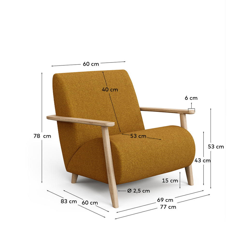 Meghan fotelja sa zaštitom protiv gorenja, senf čenil, masivni jasen, prirodna završna obrada, FSC Mix Credit