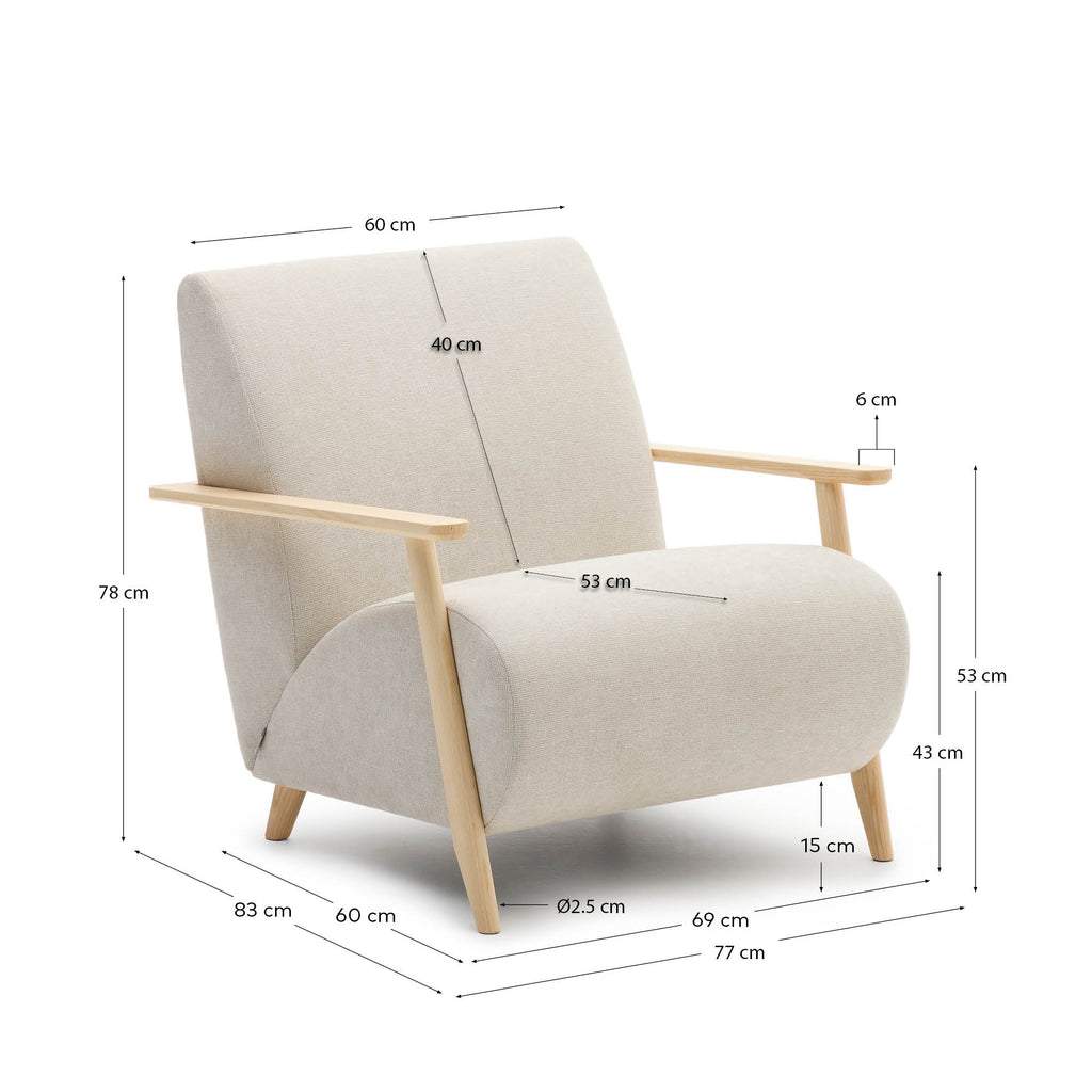 Meghan armchair in pearl chenille and solid beech wood in natural finish FSC Mix Credit